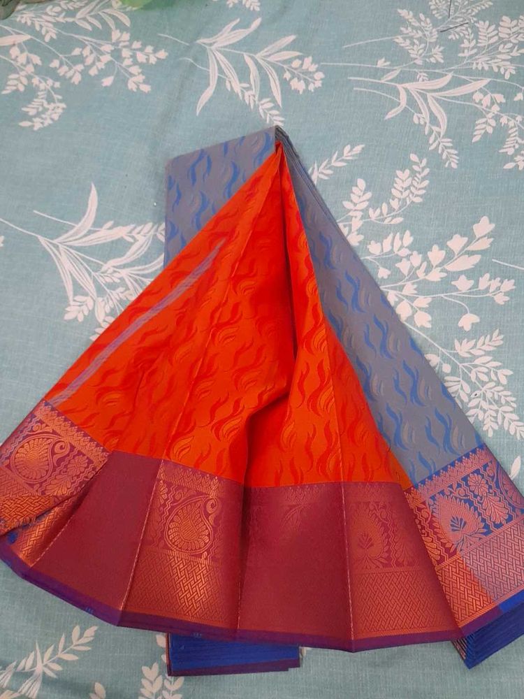 Vibrant Orange &amp; Grey Saree