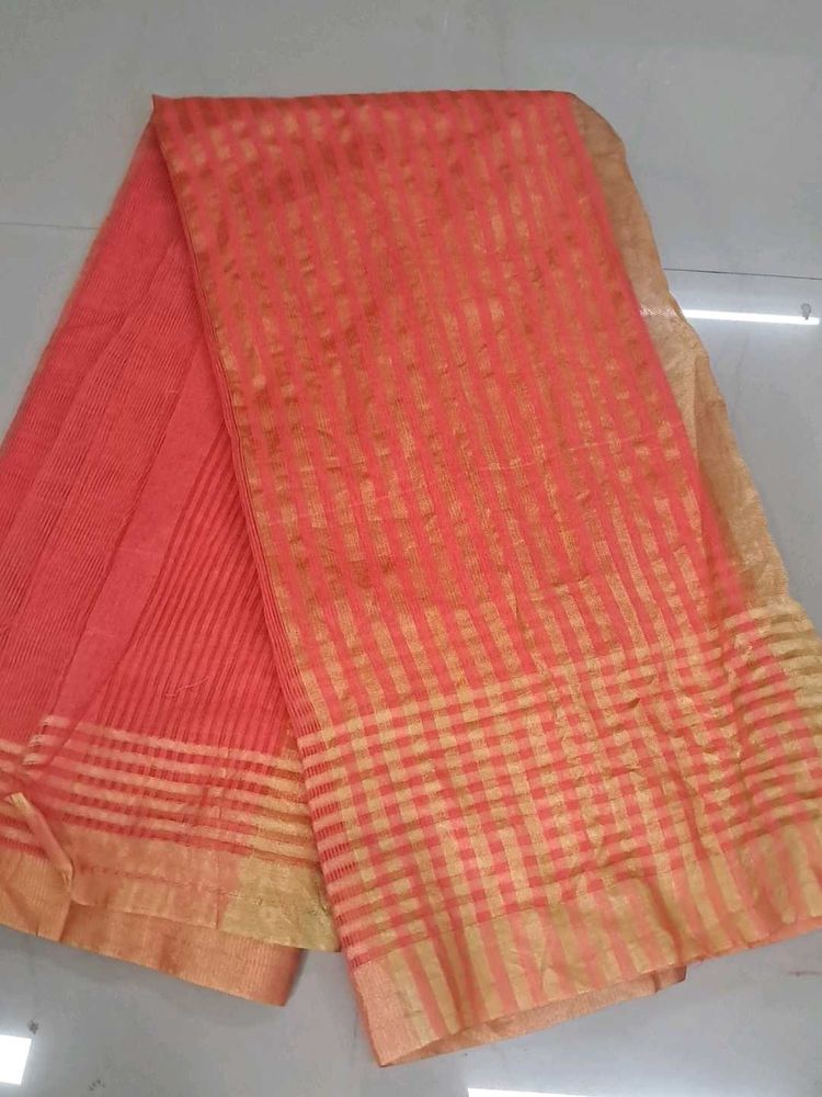 Orange Saree with Gold Stripes