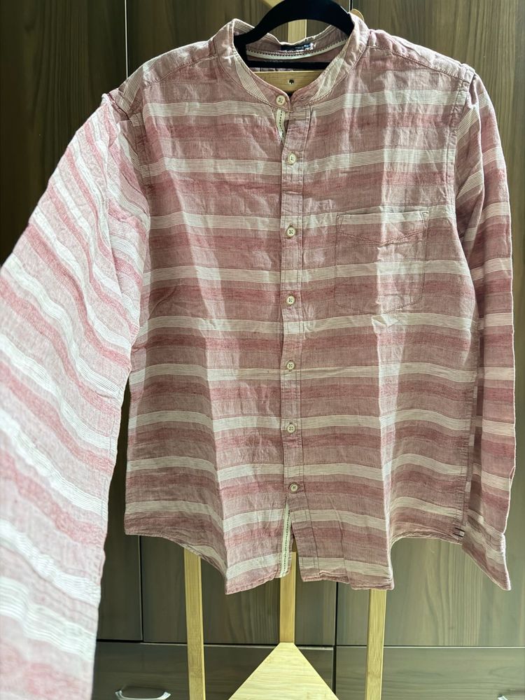 Men's Striped Band Collar Shirt