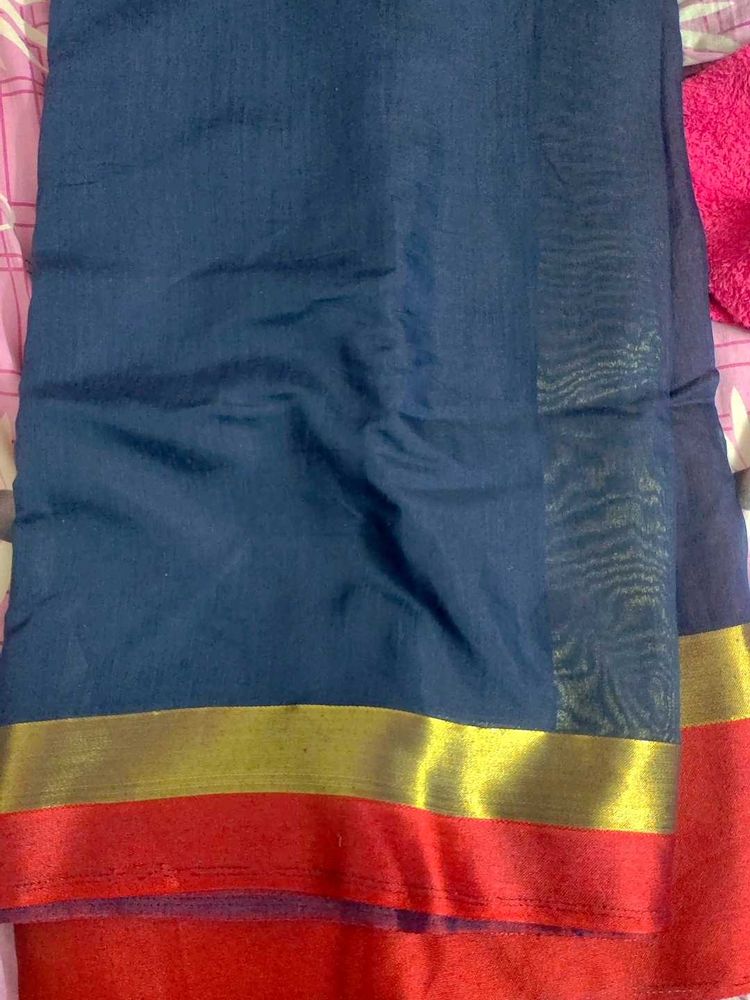 New Navy Blue Soft Cotton Saree With Red Boarder