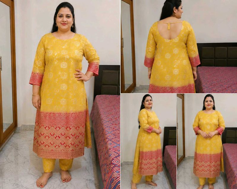 XL size Yellow Kurta Set with Red Border