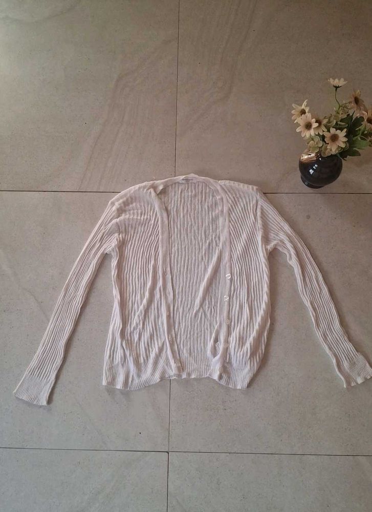 White and Cream Ribbed Knit Cardigan