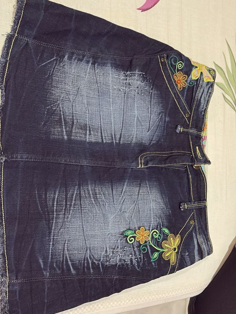 Embroidered Denim Mini Skirt