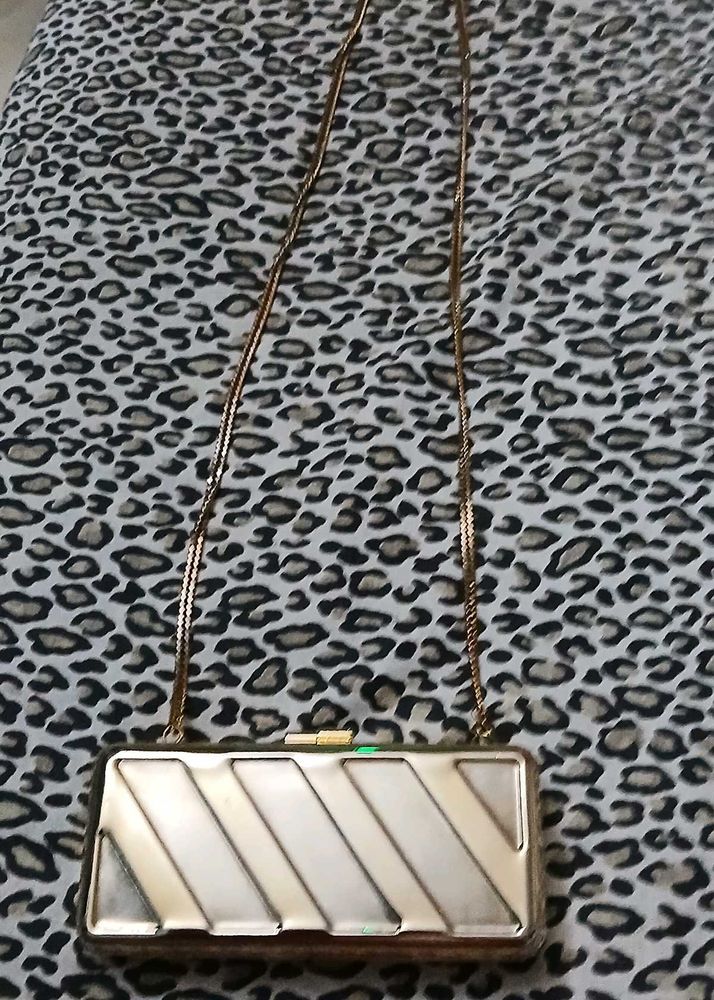 Vintage Gold Metallic Clutch with Chain Strap