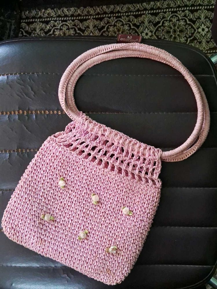 Pink Crochet Handbag with Flower Detail