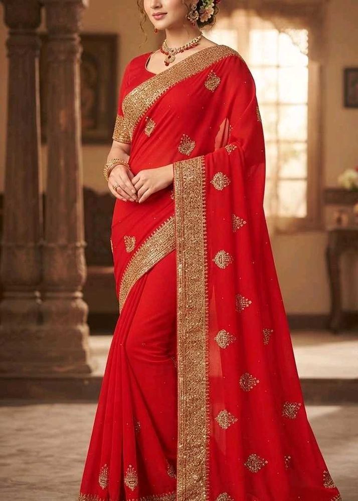 Beautiful Red Georgette designer Saree With blouse