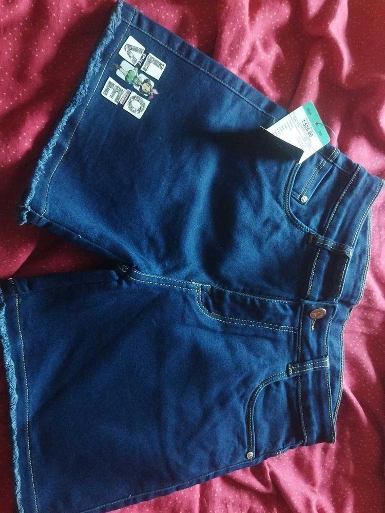 Blue Denim Shorts with Frayed Hem
