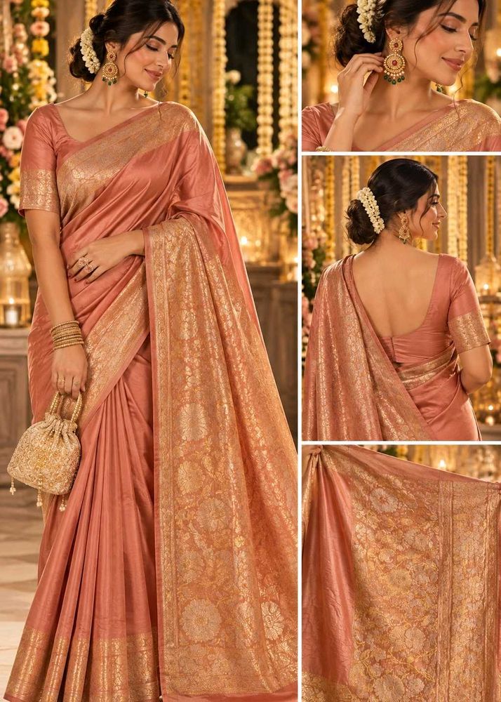 Elegant Peach Silk Saree with Gold Border
