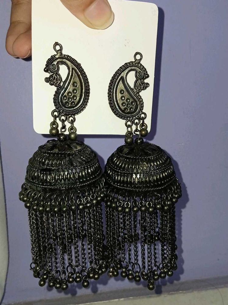 Oxidized Silver Jhumka Earrings