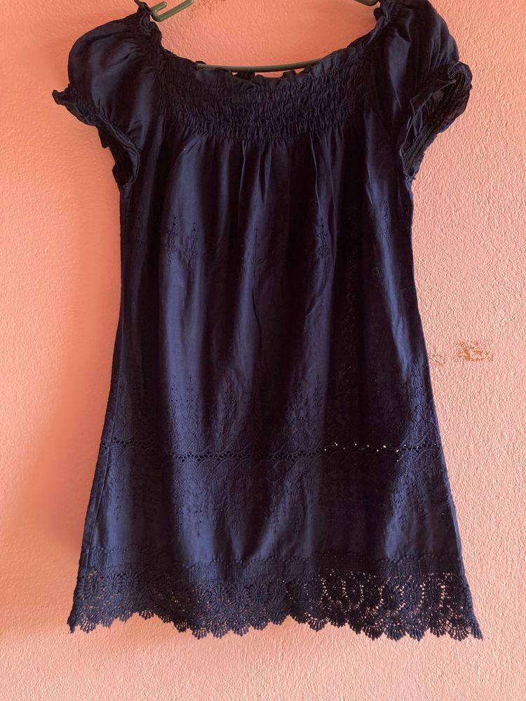 Navy Blue Embroidered Smocked Dress
