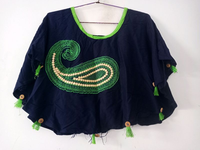Embroidered Navy Blue Poncho Top