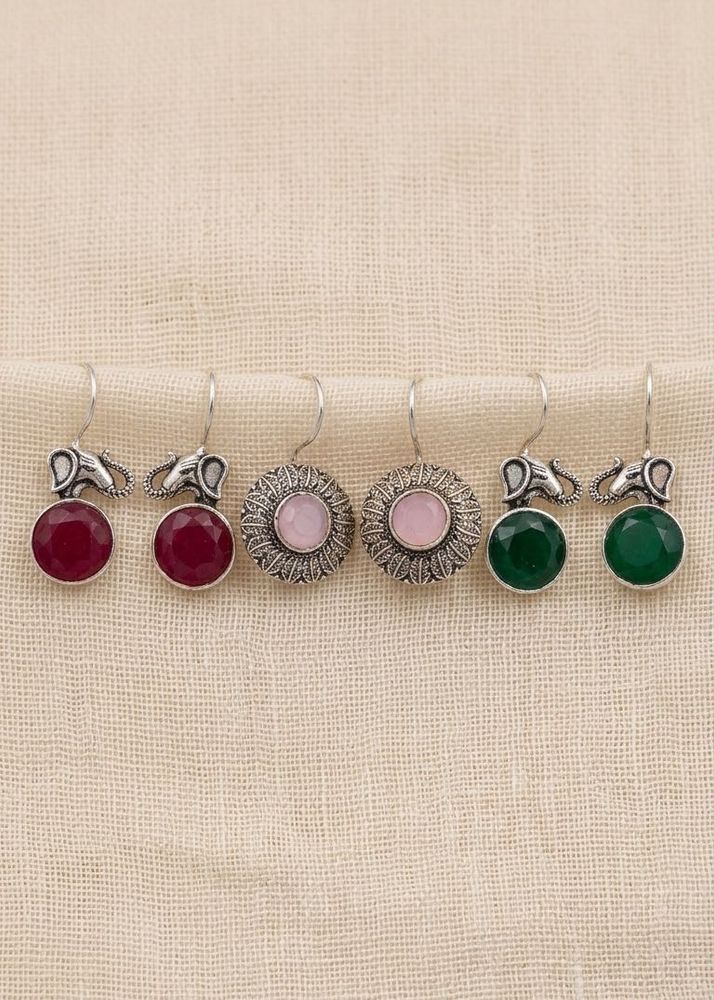 Set of 3 Silver Elephant &amp; Gemstone Earrings