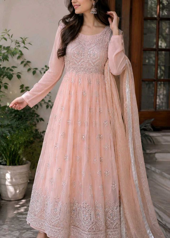 Stunning Peach Embroidered Anarkali Gown