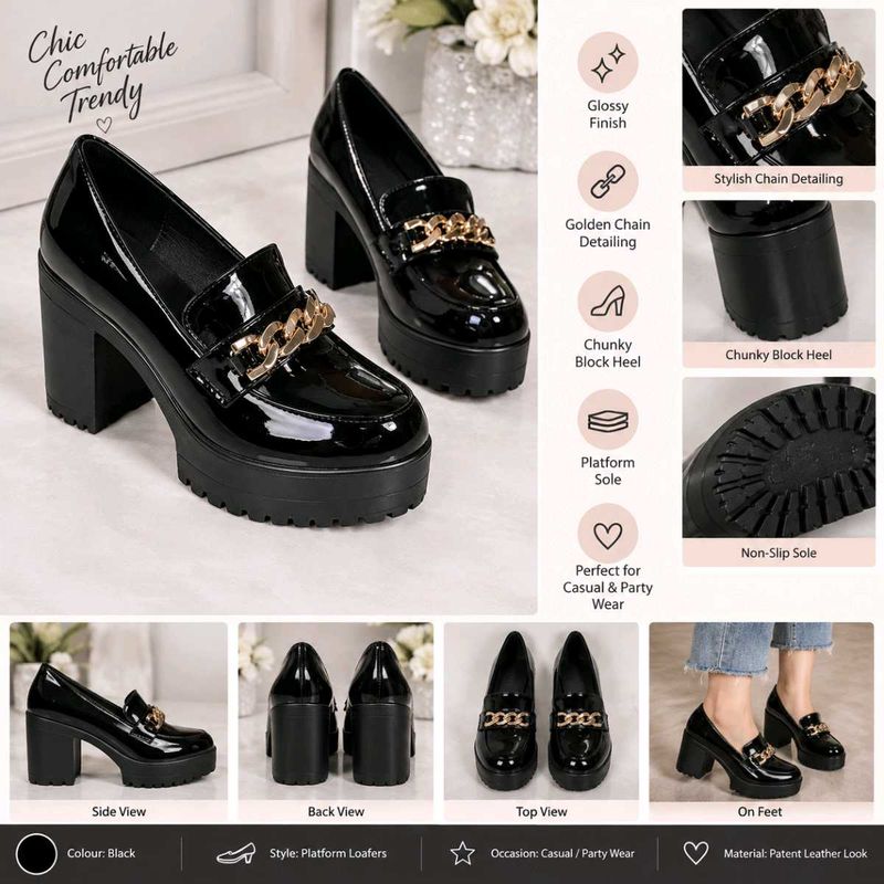 Chic Black Patent Platform Loafers with Gold Chain