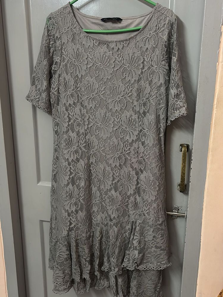 Gray Lace Ruffle Hem Dress