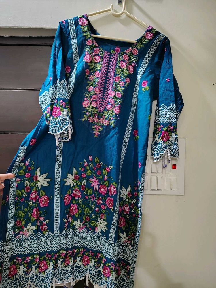 Beautiful Teal Kurta with Floral Embroidery