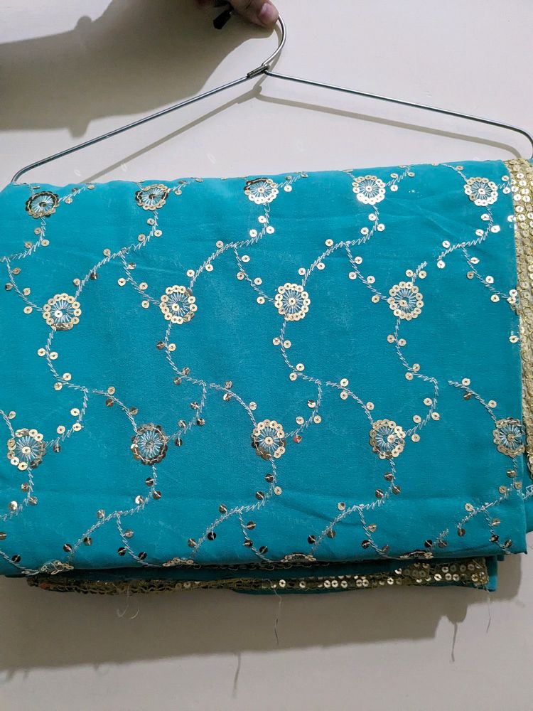 NEW SEA GREEN SEQUINS SAREE WITH BLOUSE PIECE