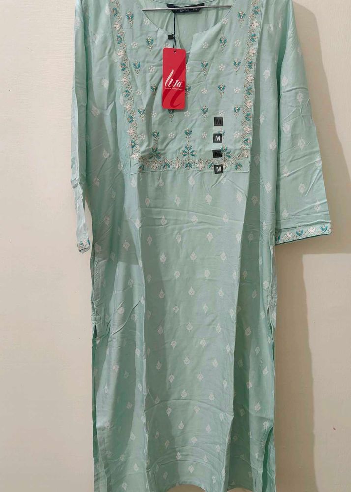 Pantaloons Light Blue Embroidered Kurti - Size M