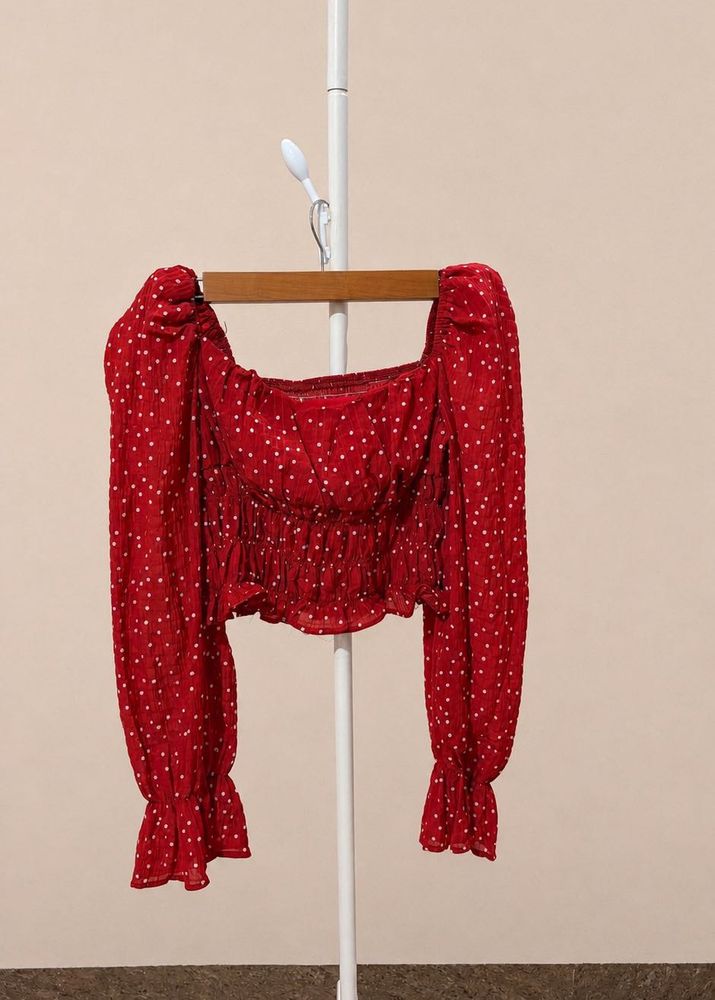 Red Polka Dot Smocked Square Neck Top
