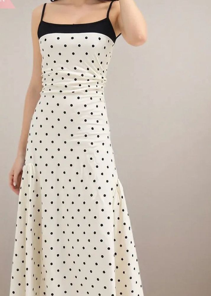 white polka dot strap midi dress