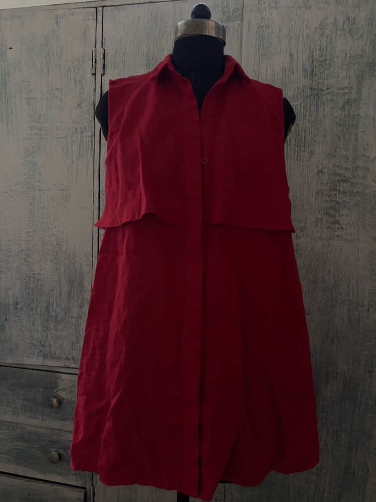 Chic Red Sleeveless Shirt Dress