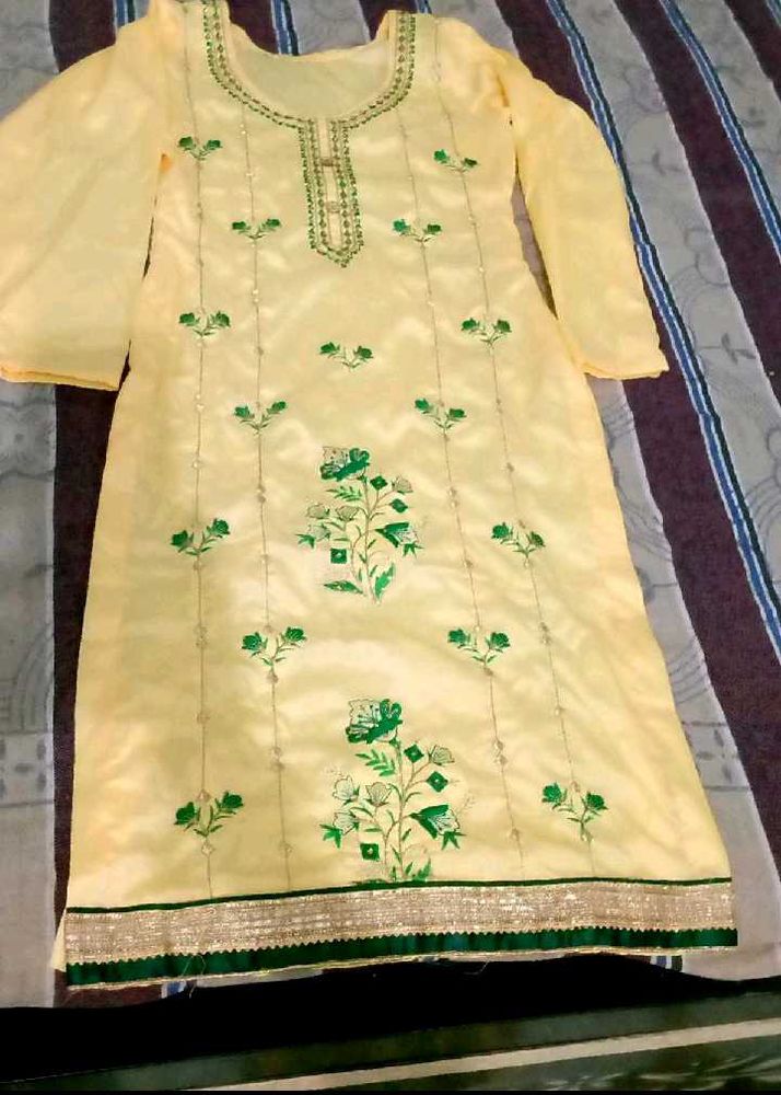 Yellow Kurta with Green Embroidery