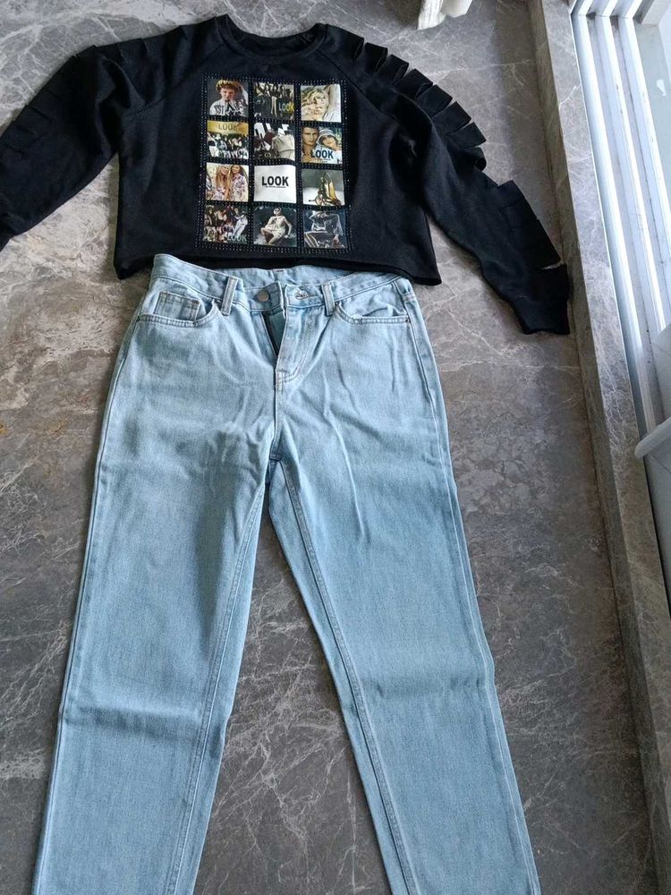 Black Graphic Crop Top &amp; Light Wash Jeans Set