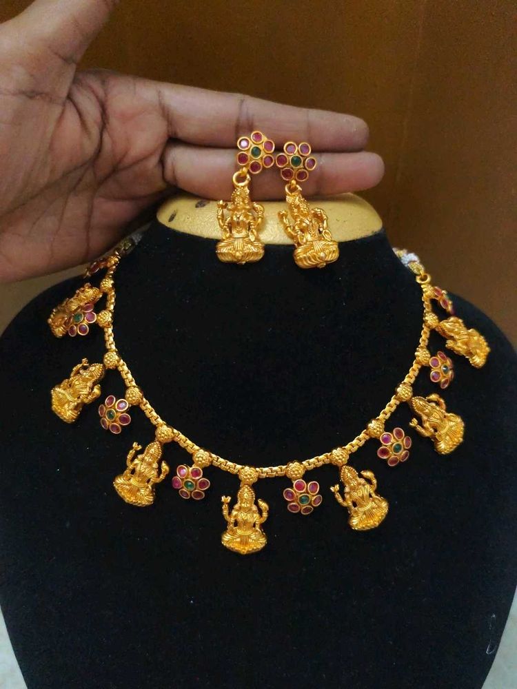 Gold Plated Lakshmi Necklace &amp; Earrings Set