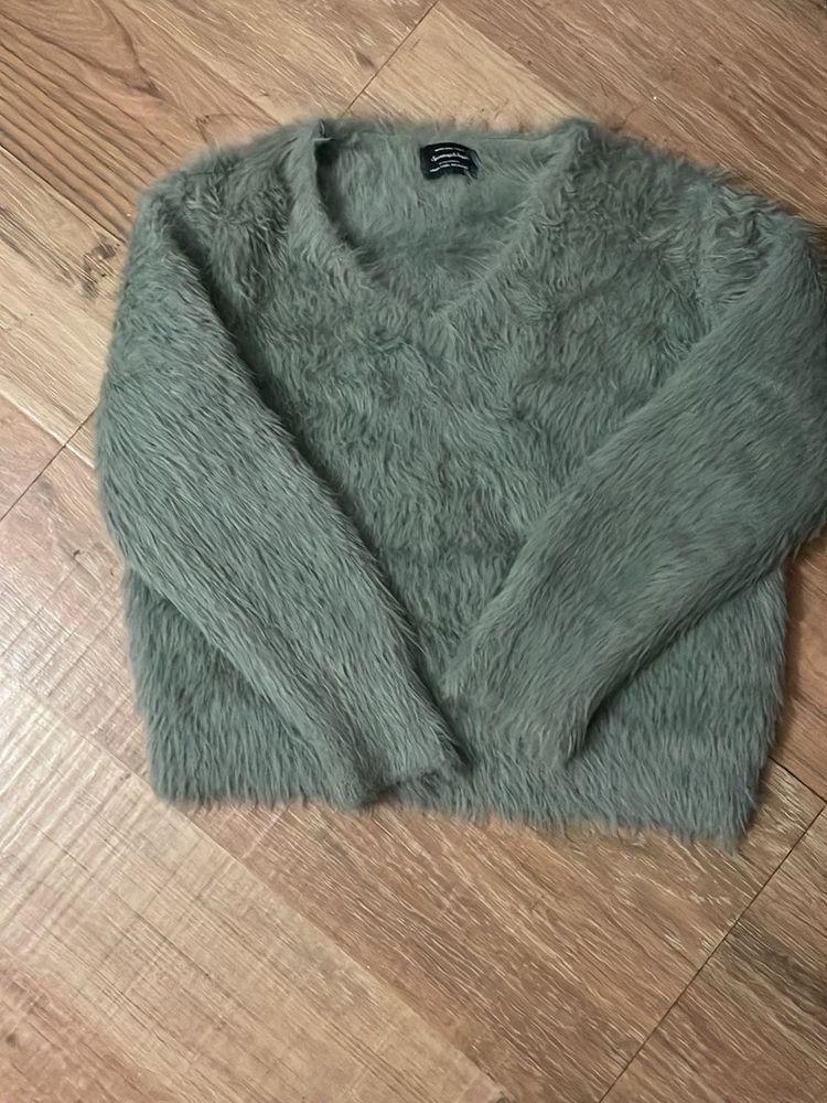 Fluffy Green V-Neck Sweater