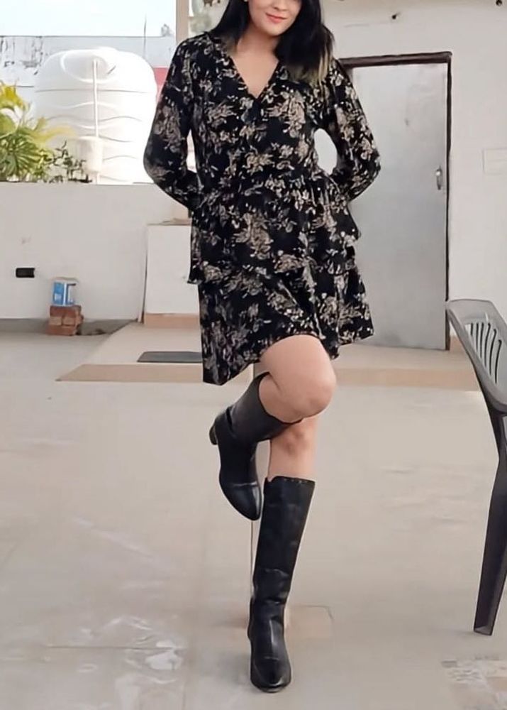 Mango Dress Black Floral Tiered Surplice Neck E