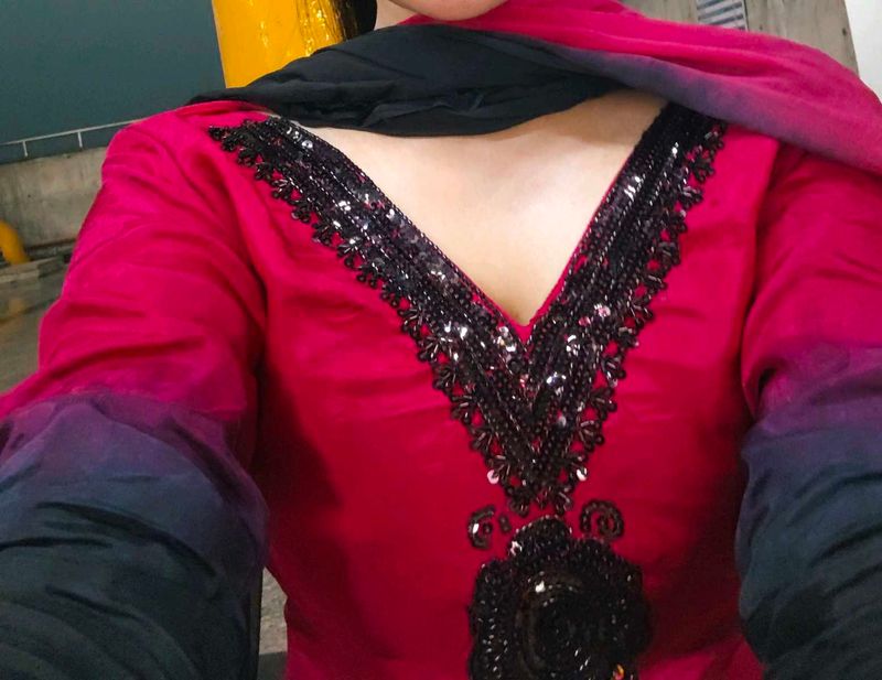 Embellished Pink &amp; Black Kurta Set