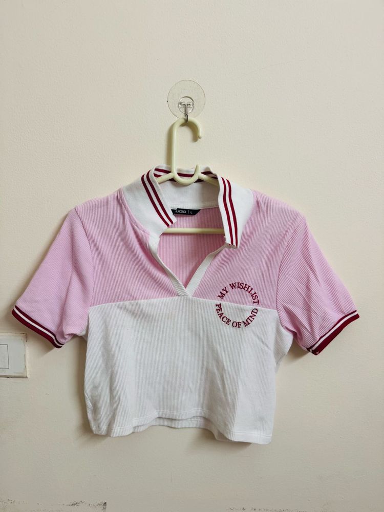 Pink &amp; White Cropped Polo Shirt