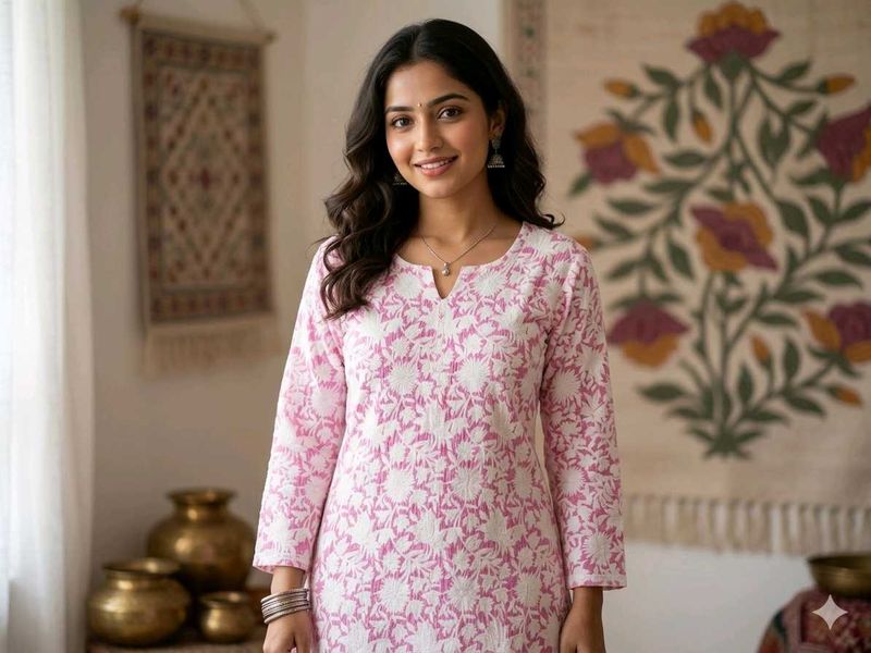 Pink Floral Printed Cotton Kurta