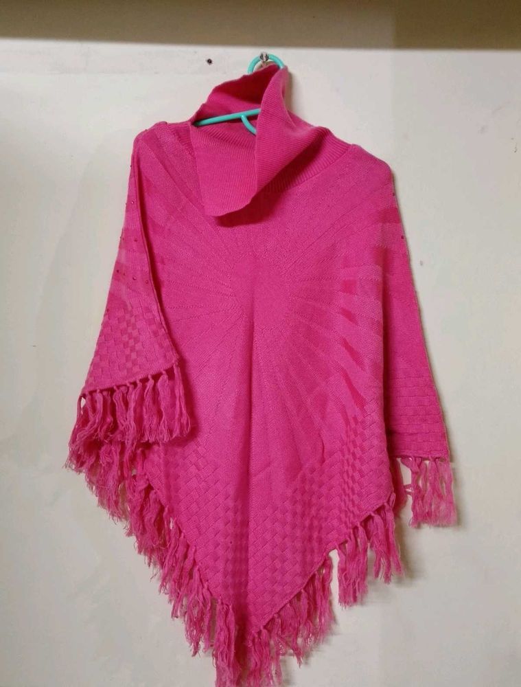 Chic Pink Fringed Poncho Sweater