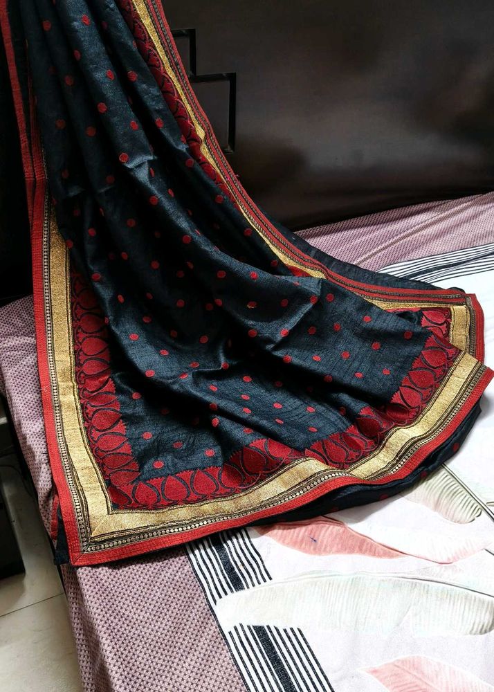 Black Red Zari Embroidered Tussar Silk Saree