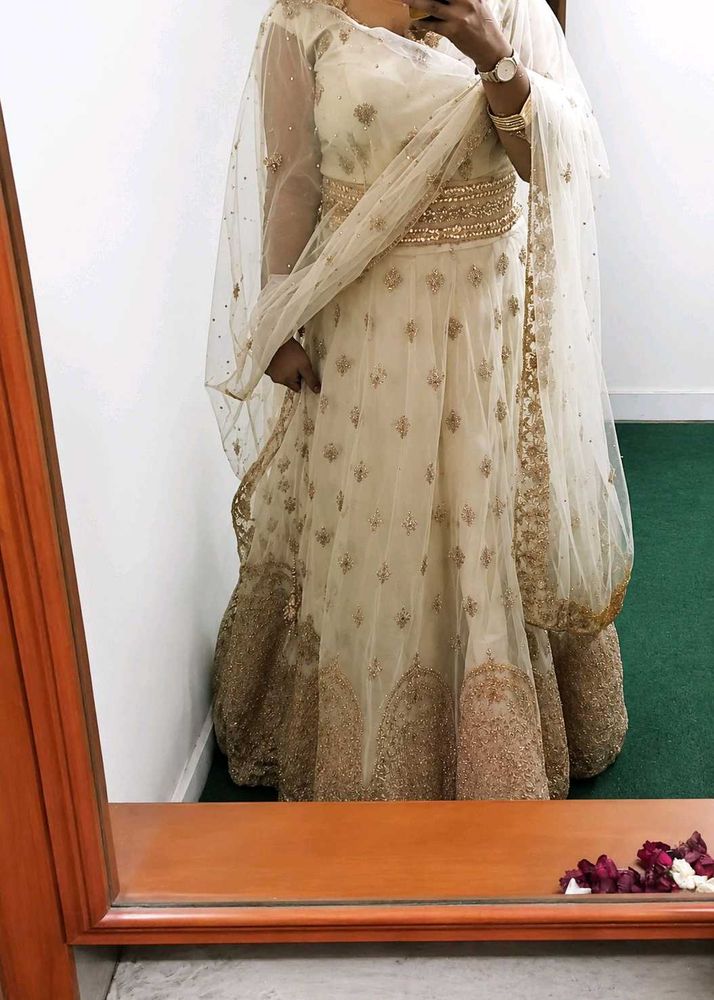 Exquisite Cream &amp; Gold Embellished Lehenga Choli