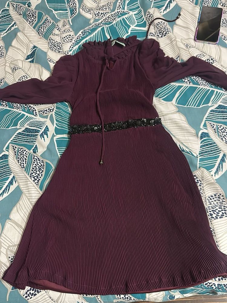 Elegant Plum Pleated Dress with Sequin Belt