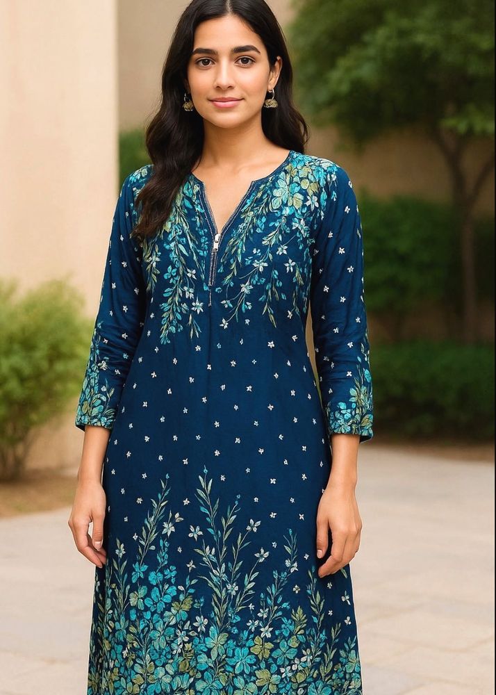 Floral Print Blue Kurta