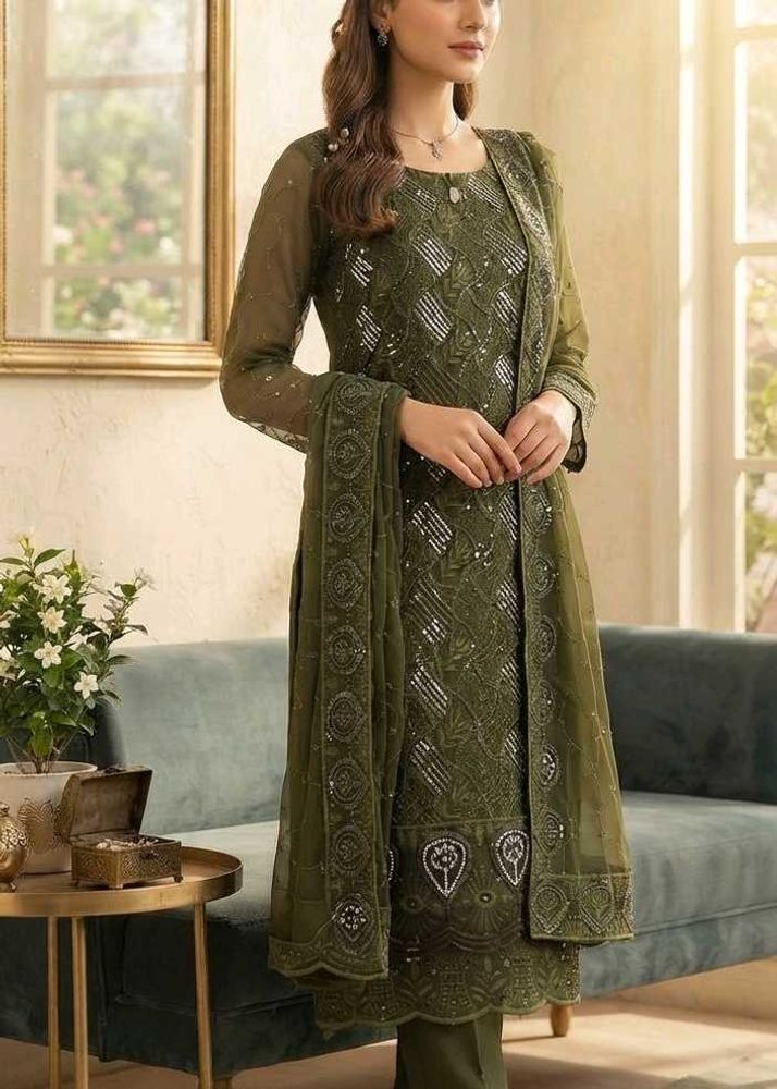 Elegant Green unstitched suit set with Sequins