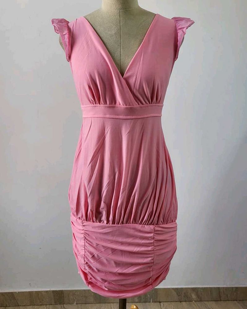 Pink Ruched V-Neck Dress