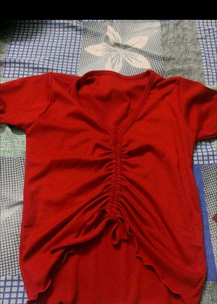 Red Ruched V-Neck Top