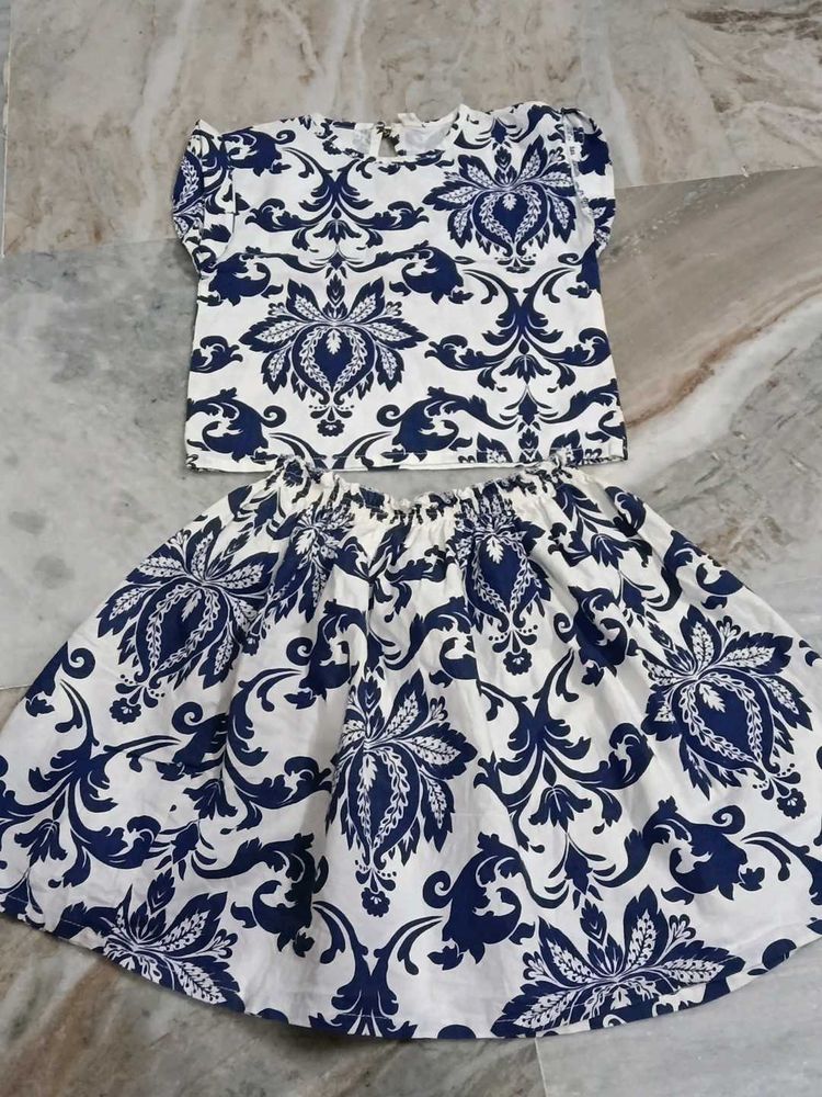Cute Navy &amp; White Print Top and Skirt Set