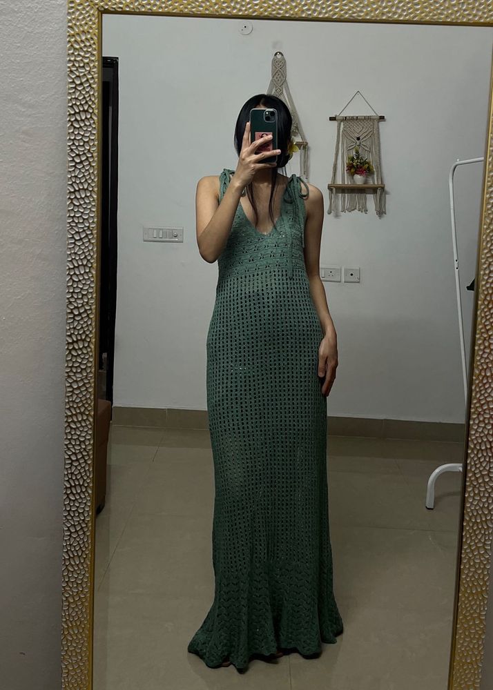 Stappy Openwork Sea Green Sheer Crochet Maxi Dress