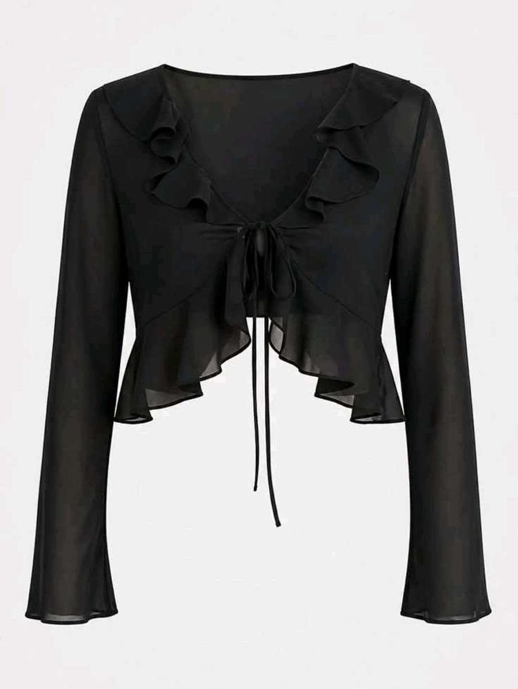 Sheer Ruffle Tie Front Crop Top