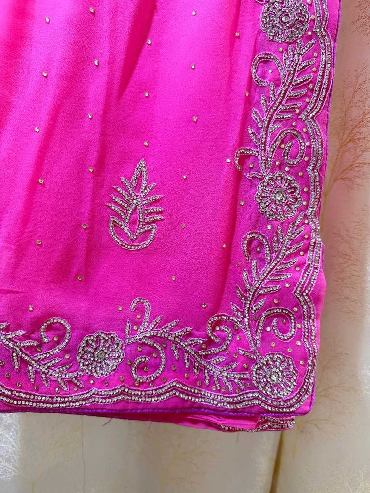 Vibrant Pink Heavy Diamond Work Saree