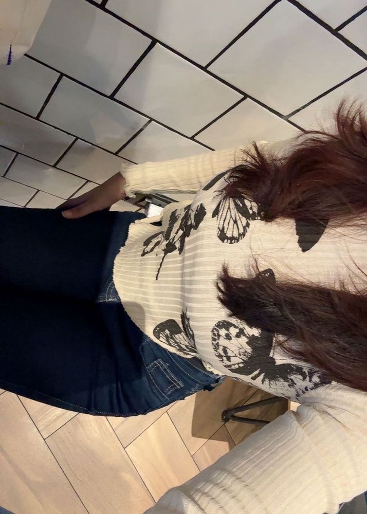 Beige Butterfly Print Long Sleeve Top