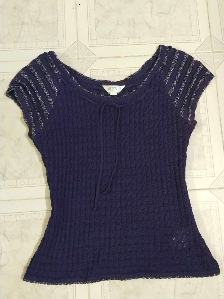 Violet colour Knit Top with Silver Accents