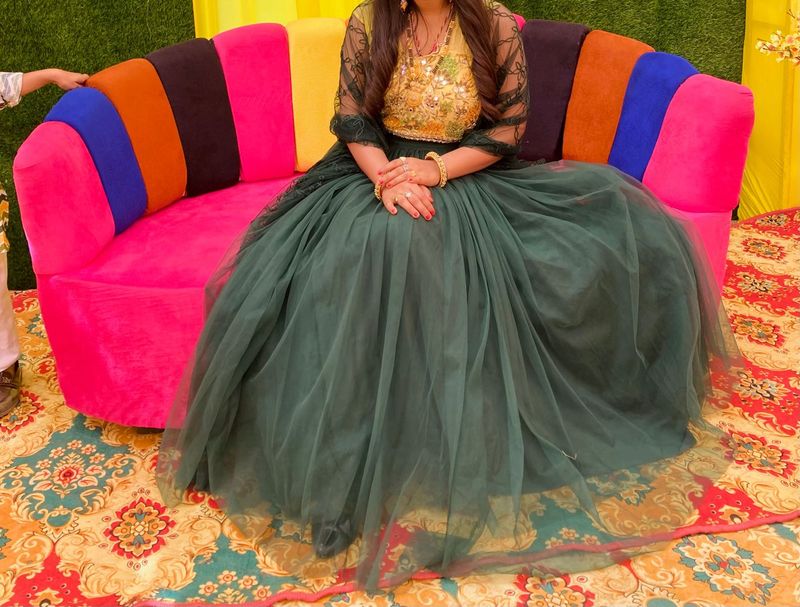 Green &amp; Gold Embroidered Anarkali