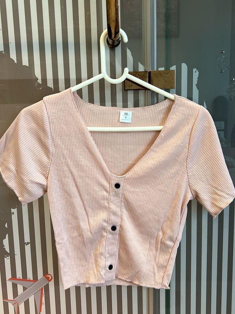 Pink Ribbed Button-Up Cropped Top
