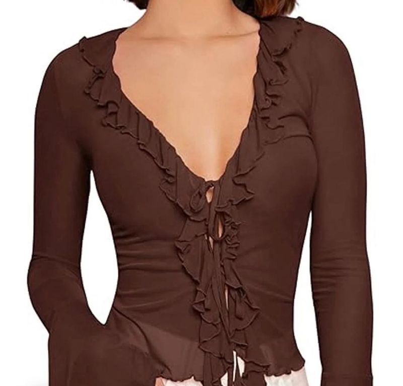 Sheer Brown V neck Ruffle Tie-Front Top